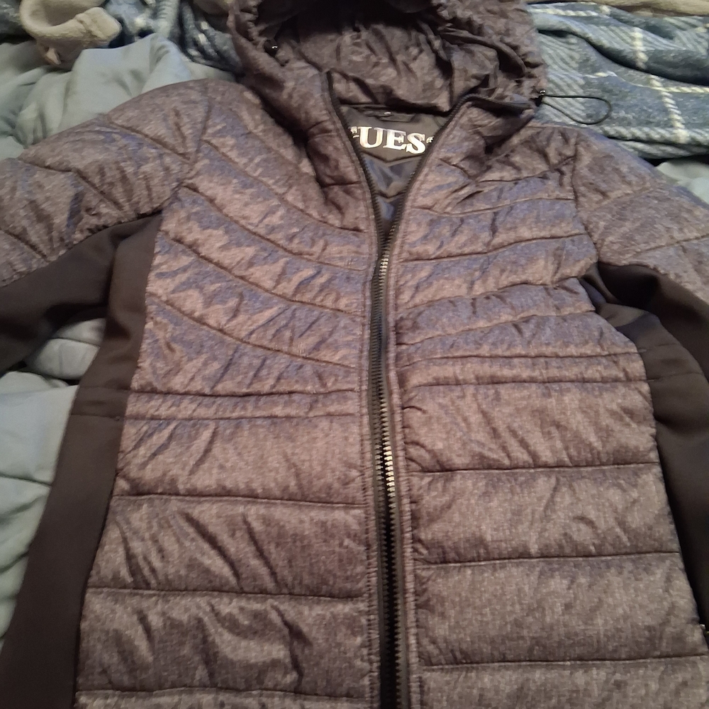 Guess Quilted Hooded Jacket in Heather Gray and Black